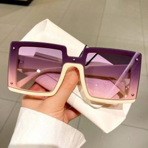 Square Vintage Mirror Beige Purple Pink Gradient Ladies Sunglass