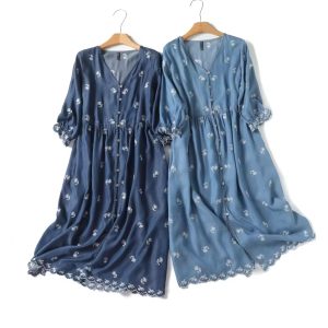 Summer Friendly Embroidered V Neck Quarter Sleeve Denim Dress