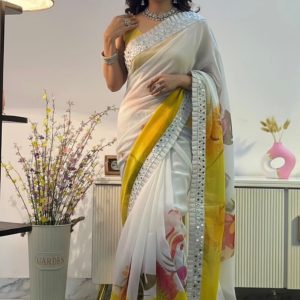 White Floral Print Georgette Saree with Silver Border – Lightweight Party Wear