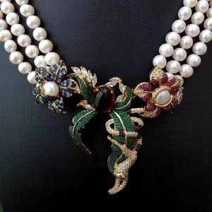 Y·YING 3 Strands Cultured White Pearl Cubic Zirconia Pave Pendant Statement Necklace 18"